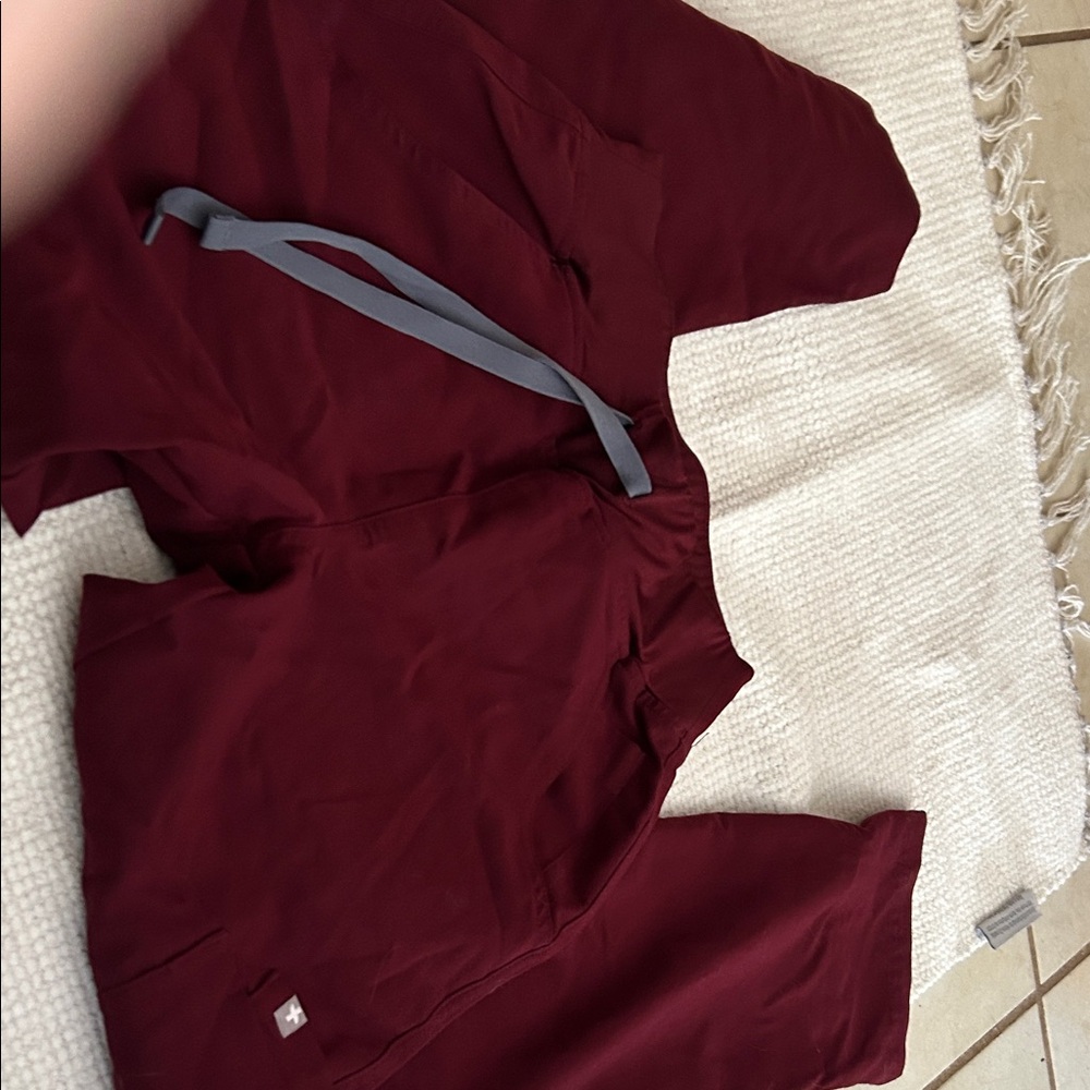 Figs Maroon Scrub pant with Gray Tie